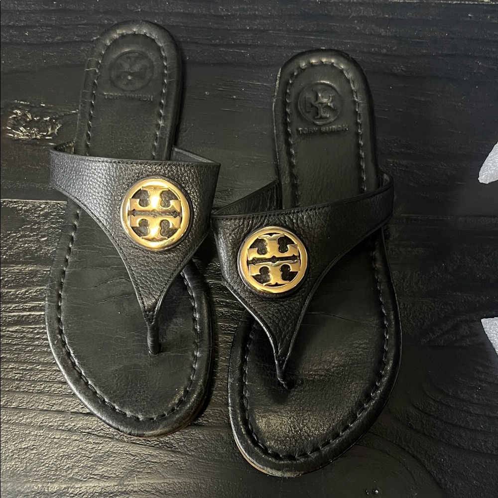Tory Burch Black and Gold Leather Flip-Flops